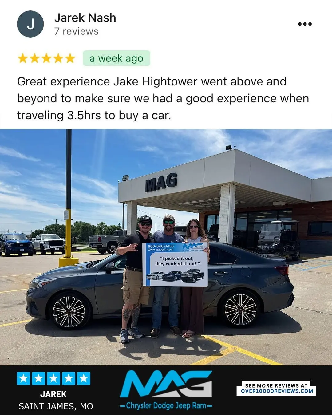 Smiling MAG CDJR customer featured in a testimonial about excellent car buying experience