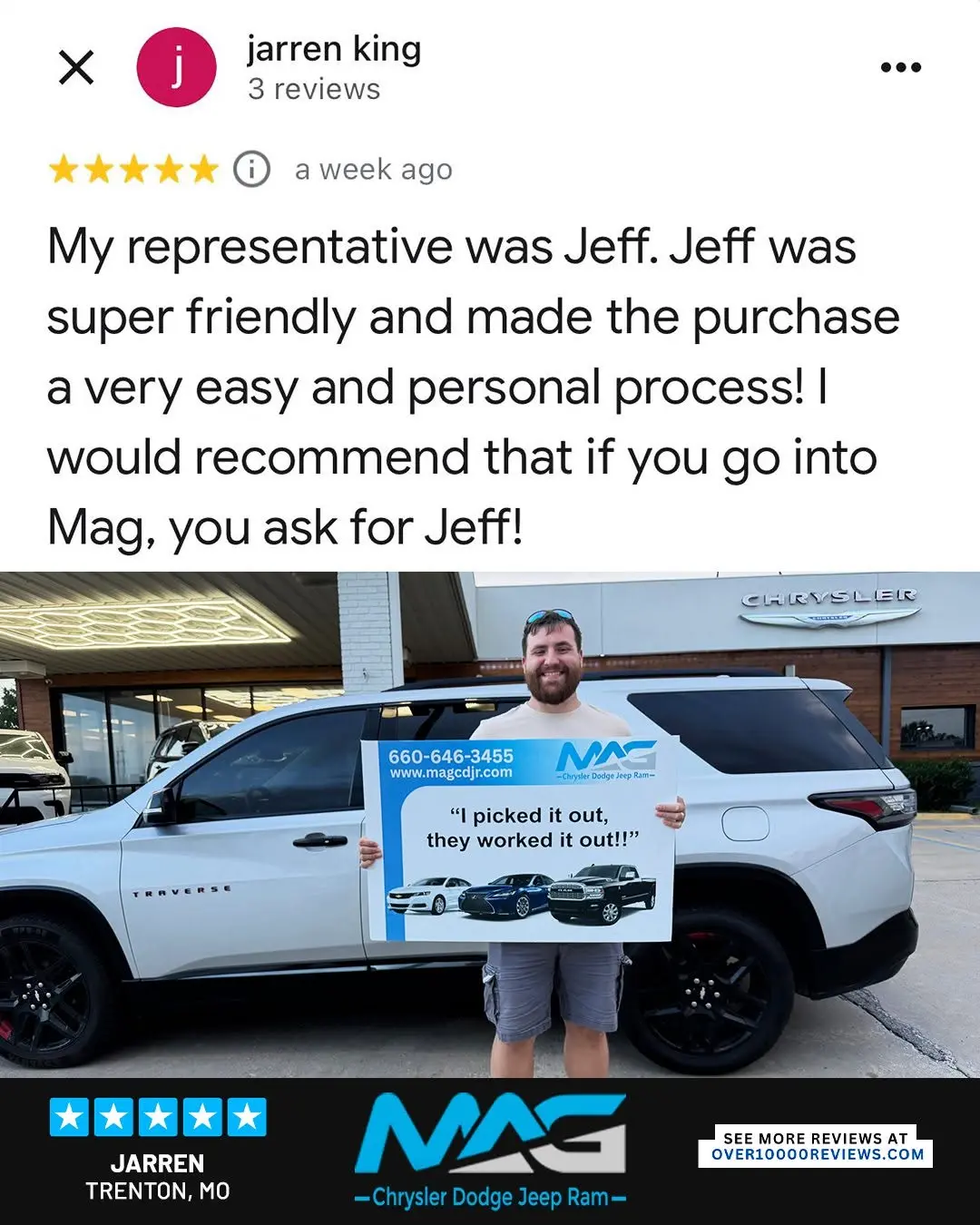 Smiling MAG CDJR customer featured in a testimonial about excellent car buying experience