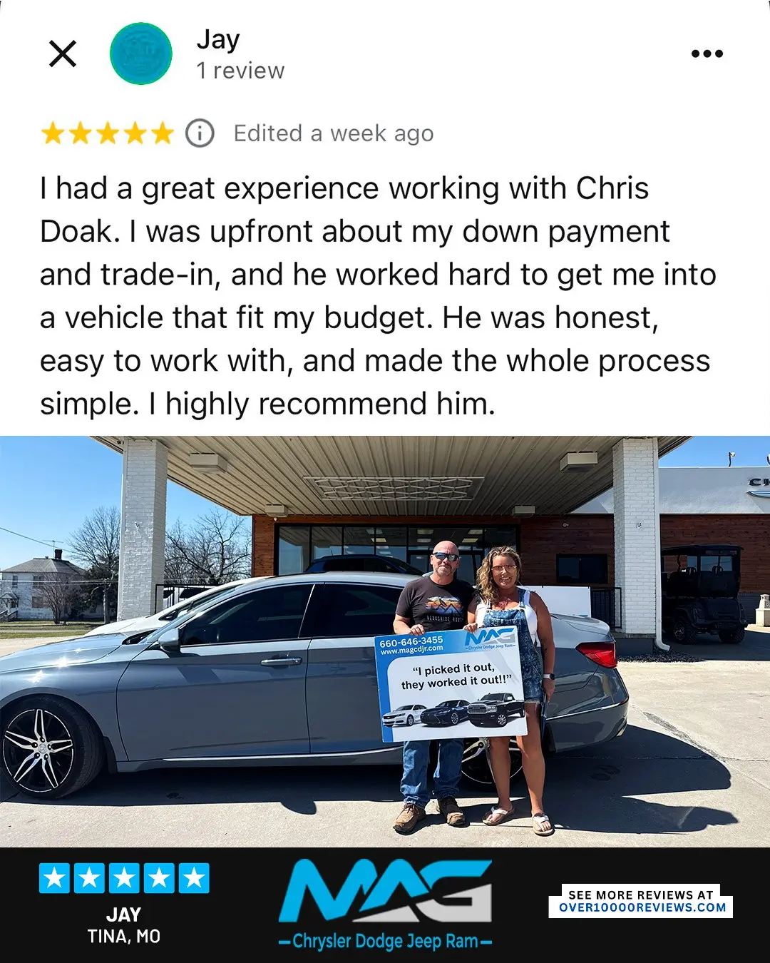 Smiling MAG CDJR customer featured in a testimonial about excellent car buying experience