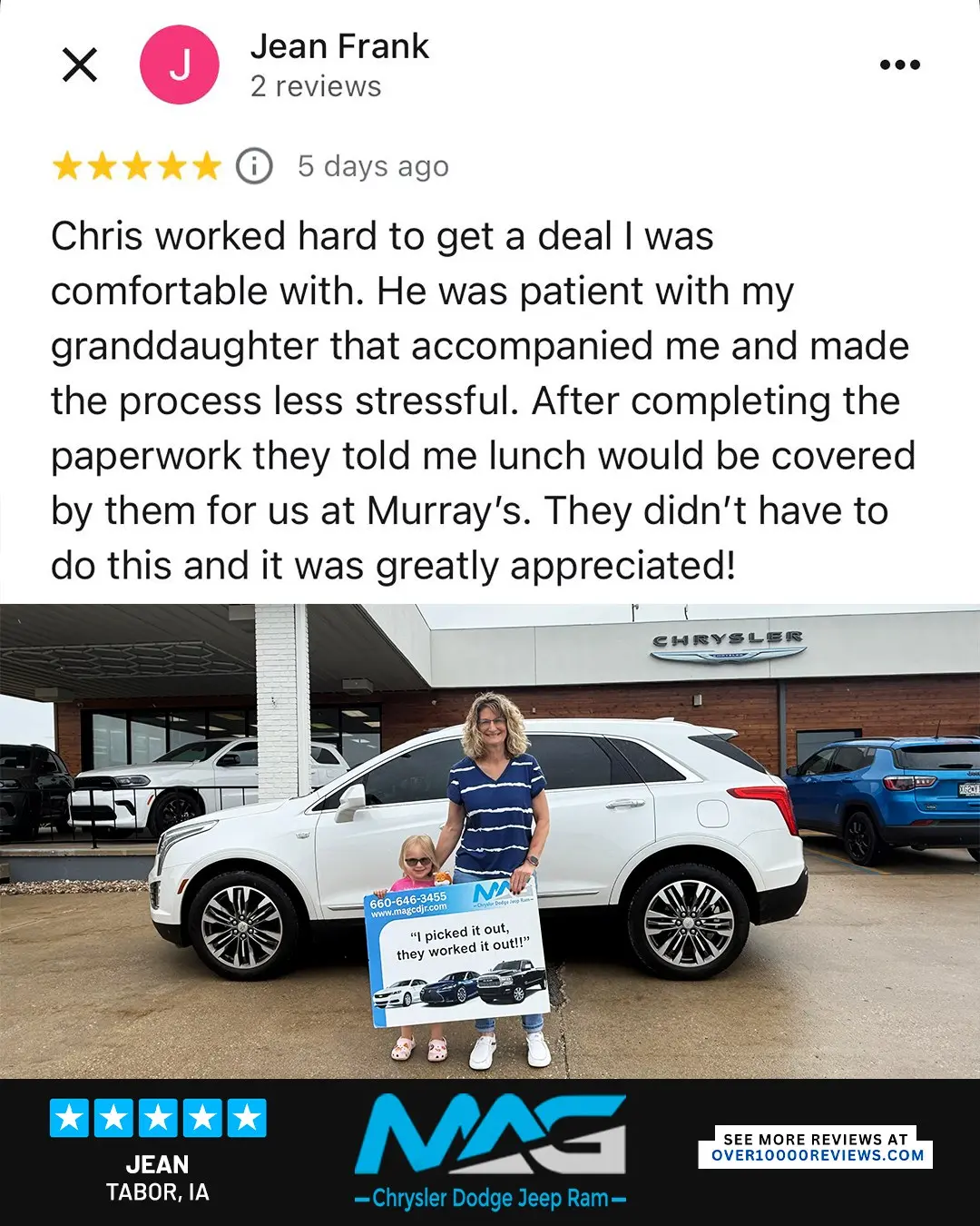Smiling MAG CDJR customer featured in a testimonial about excellent car buying experience