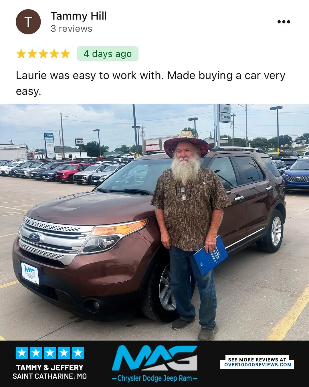 Smiling MAG CDJR customer featured in a testimonial about excellent car buying experience