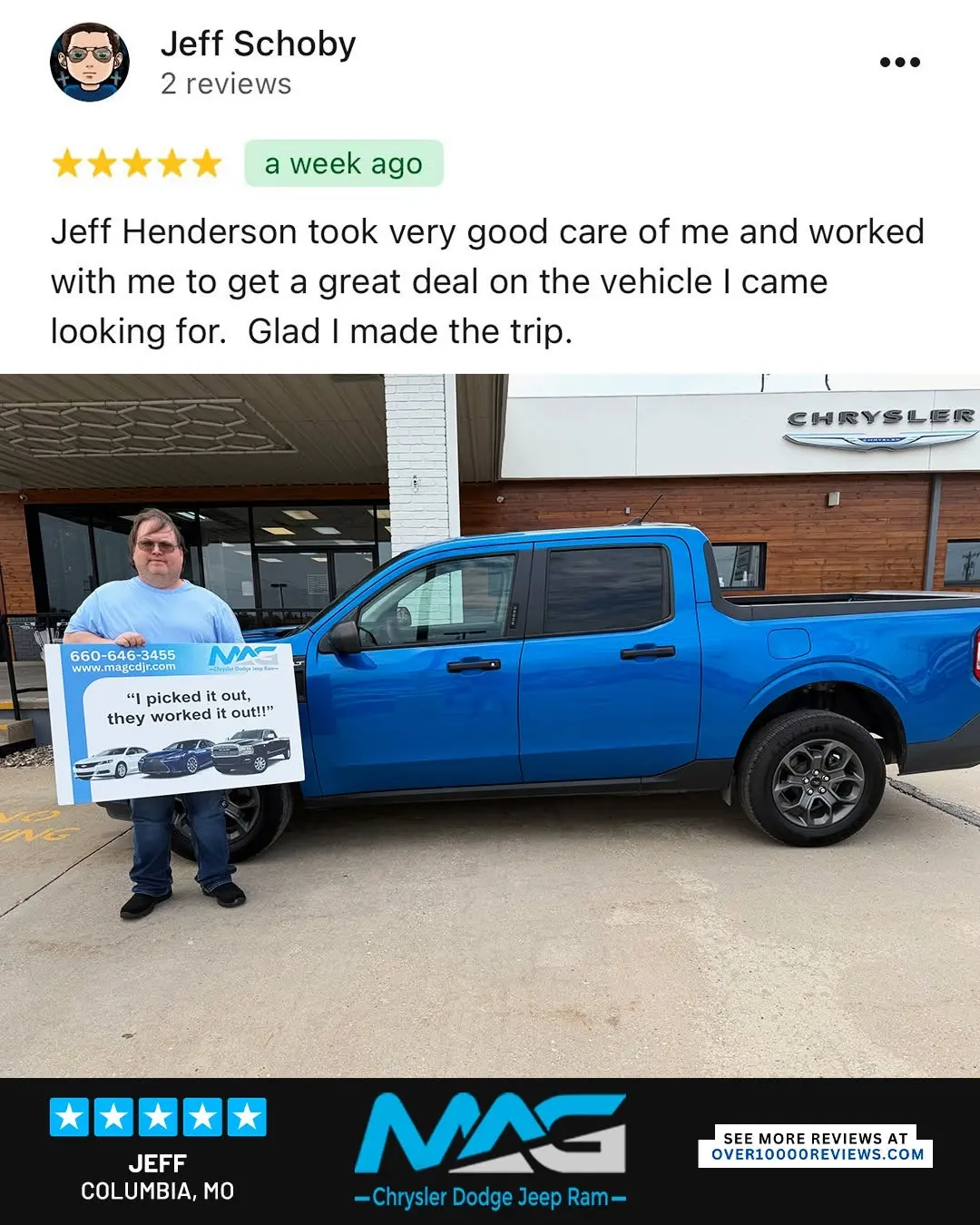 Smiling MAG CDJR customer featured in a testimonial about excellent car buying experience