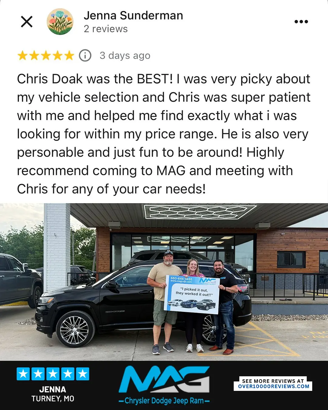 Smiling MAG CDJR customer featured in a testimonial about excellent car buying experience