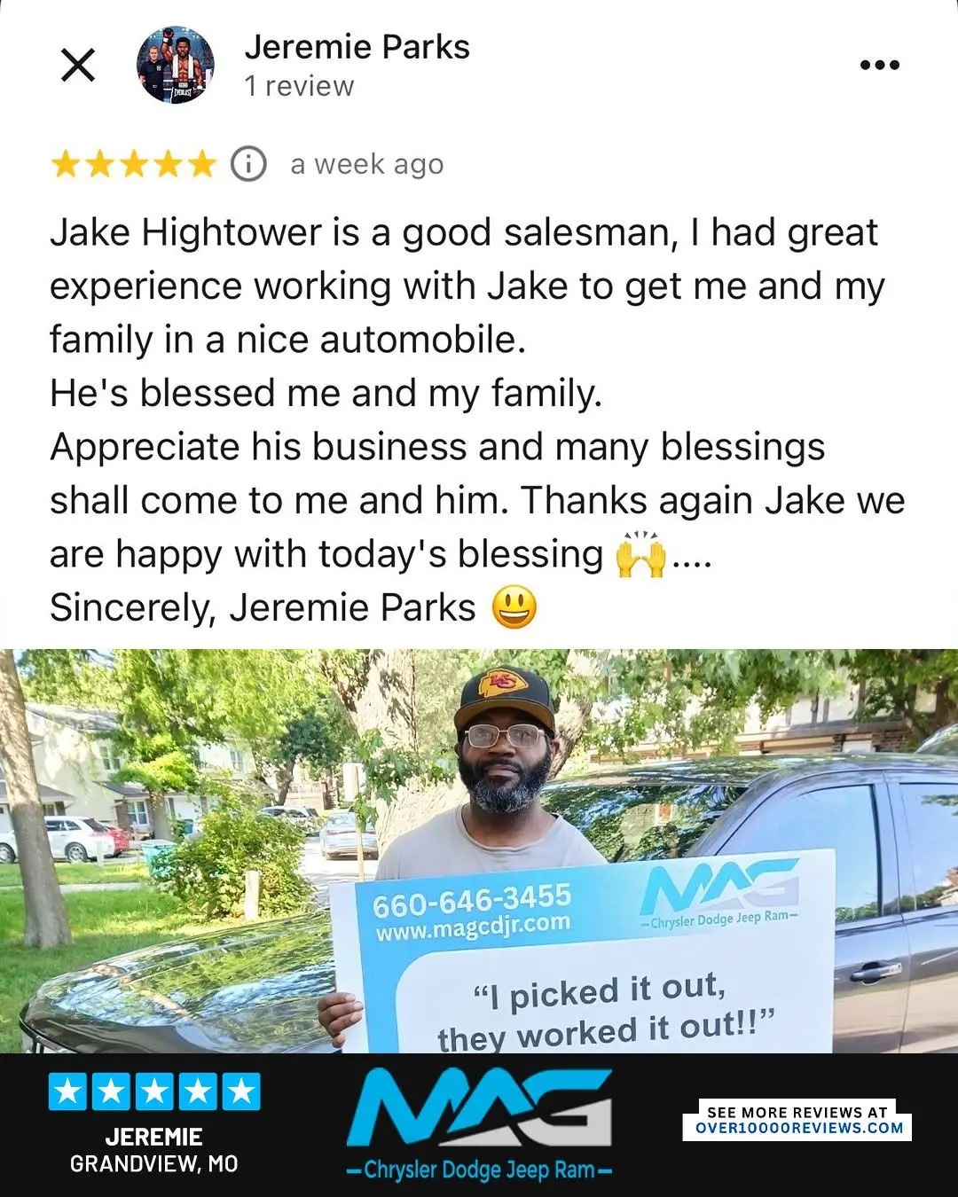 Smiling MAG CDJR customer featured in a testimonial about excellent car buying experience