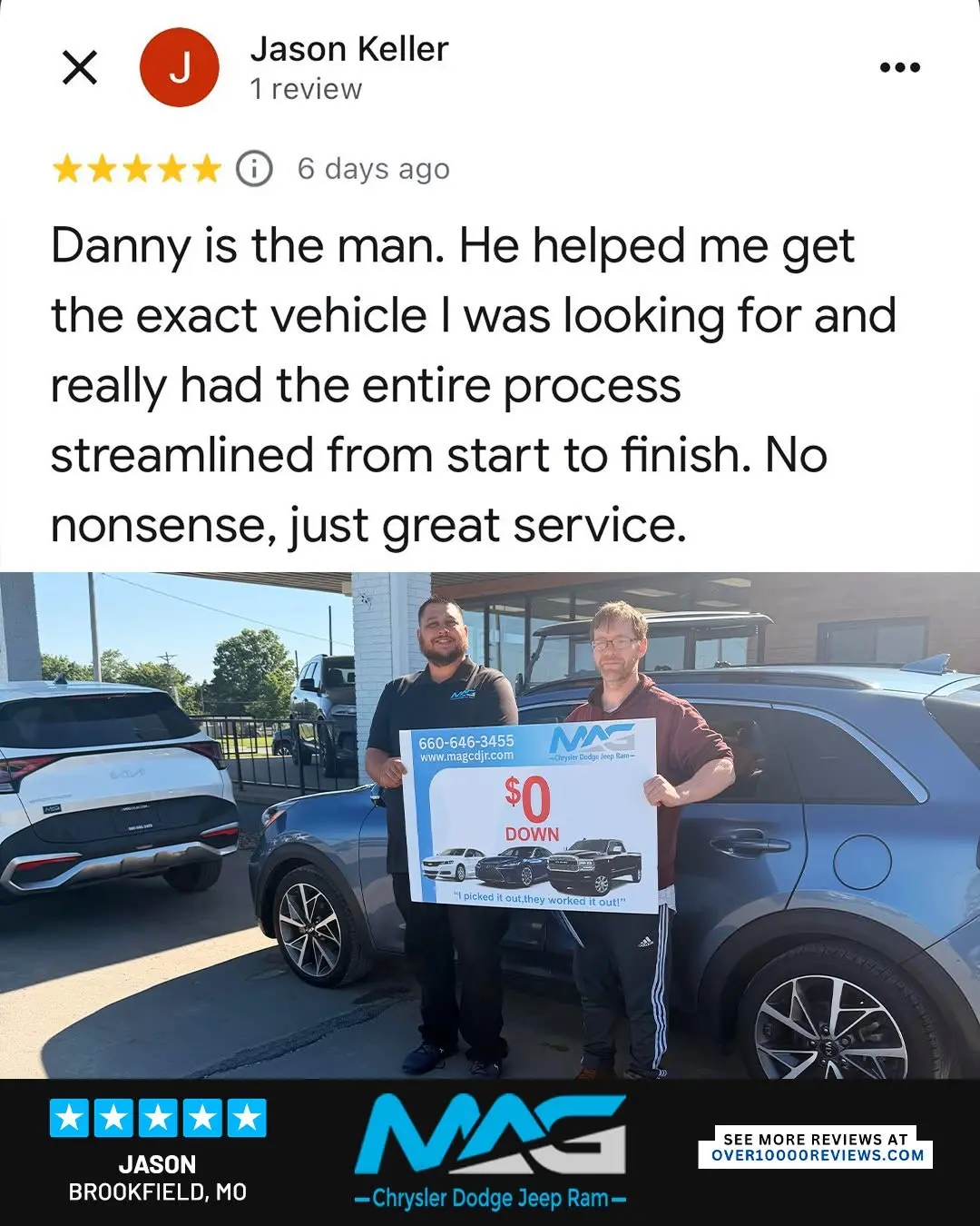 Smiling MAG CDJR customer featured in a testimonial about excellent car buying experience