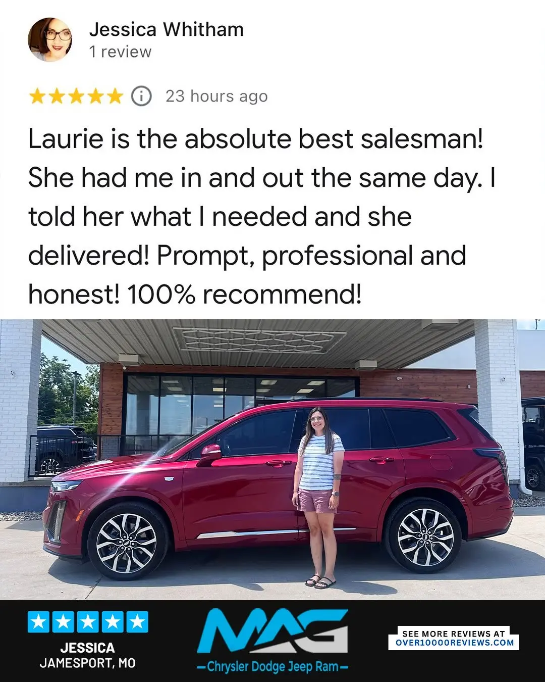 Smiling MAG CDJR customer featured in a testimonial about excellent car buying experience