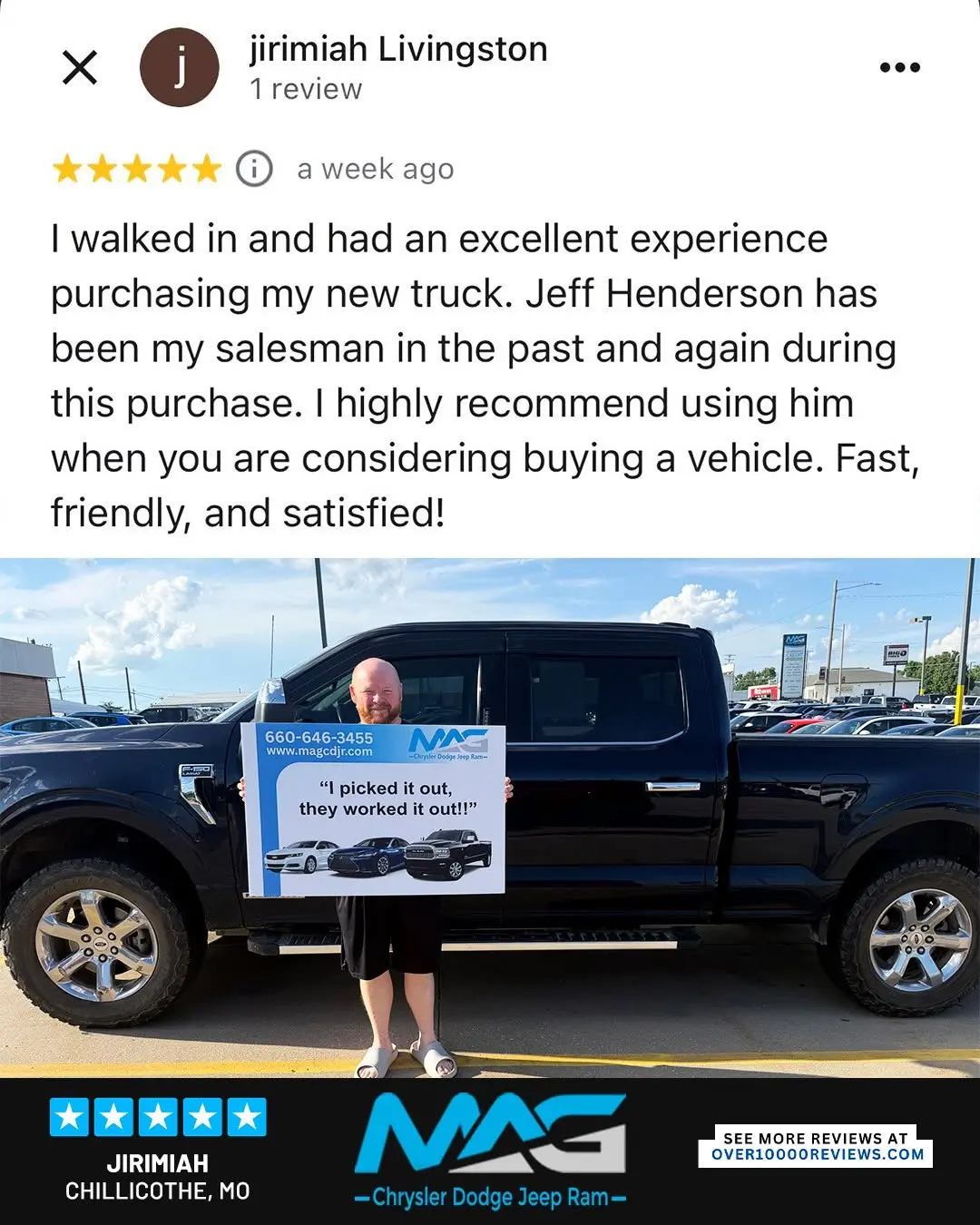 Smiling MAG CDJR customer featured in a testimonial about excellent car buying experience