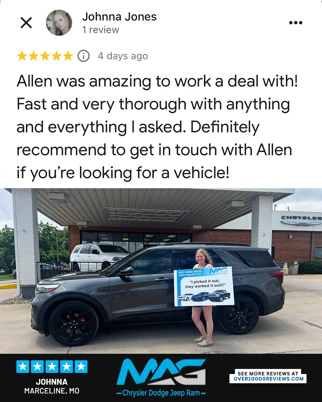 Smiling MAG CDJR customer featured in a testimonial about excellent car buying experience