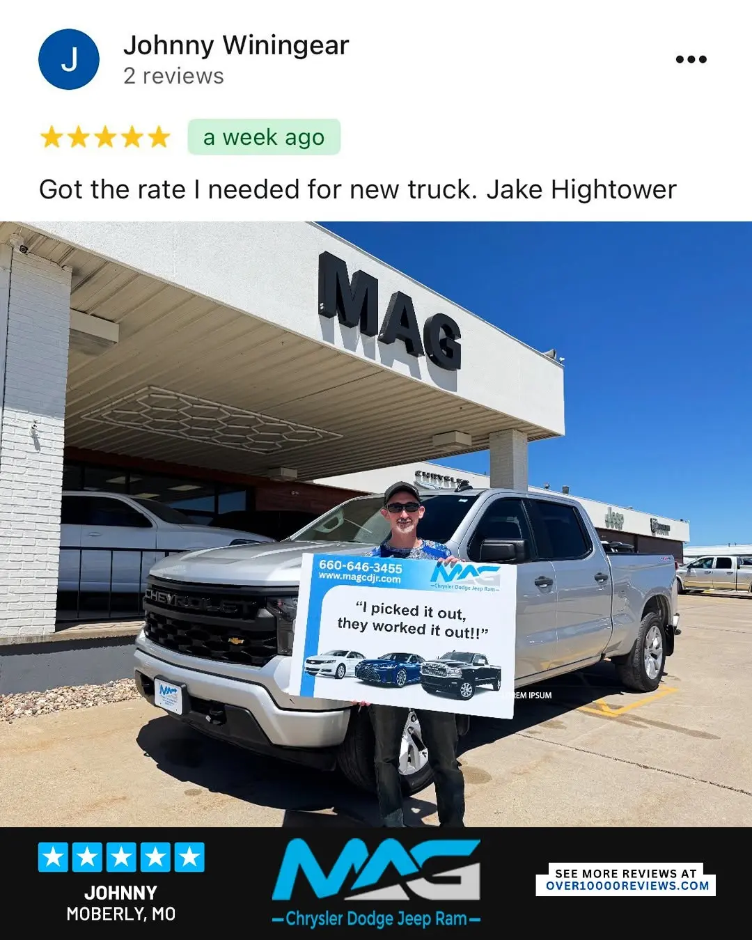 Smiling MAG CDJR customer featured in a testimonial about excellent car buying experience
