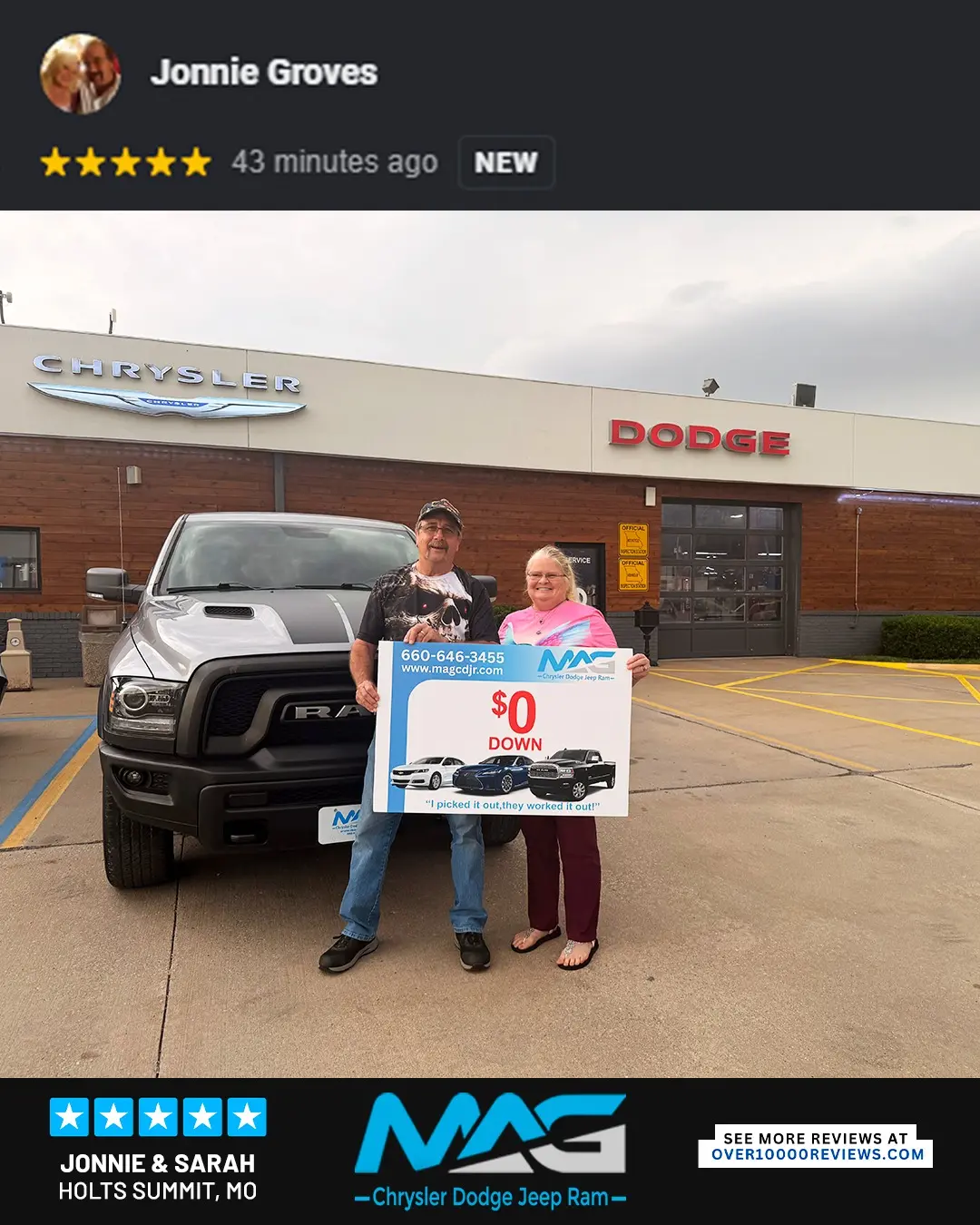Smiling MAG CDJR customer featured in a testimonial about excellent car buying experience