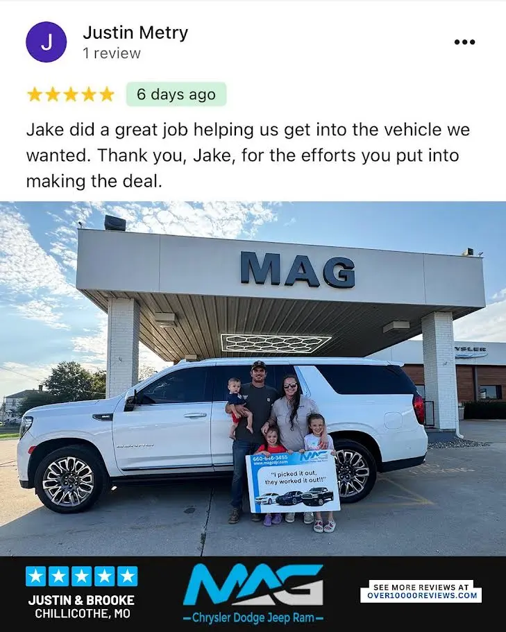 Smiling MAG CDJR customer featured in a testimonial about excellent car buying experience