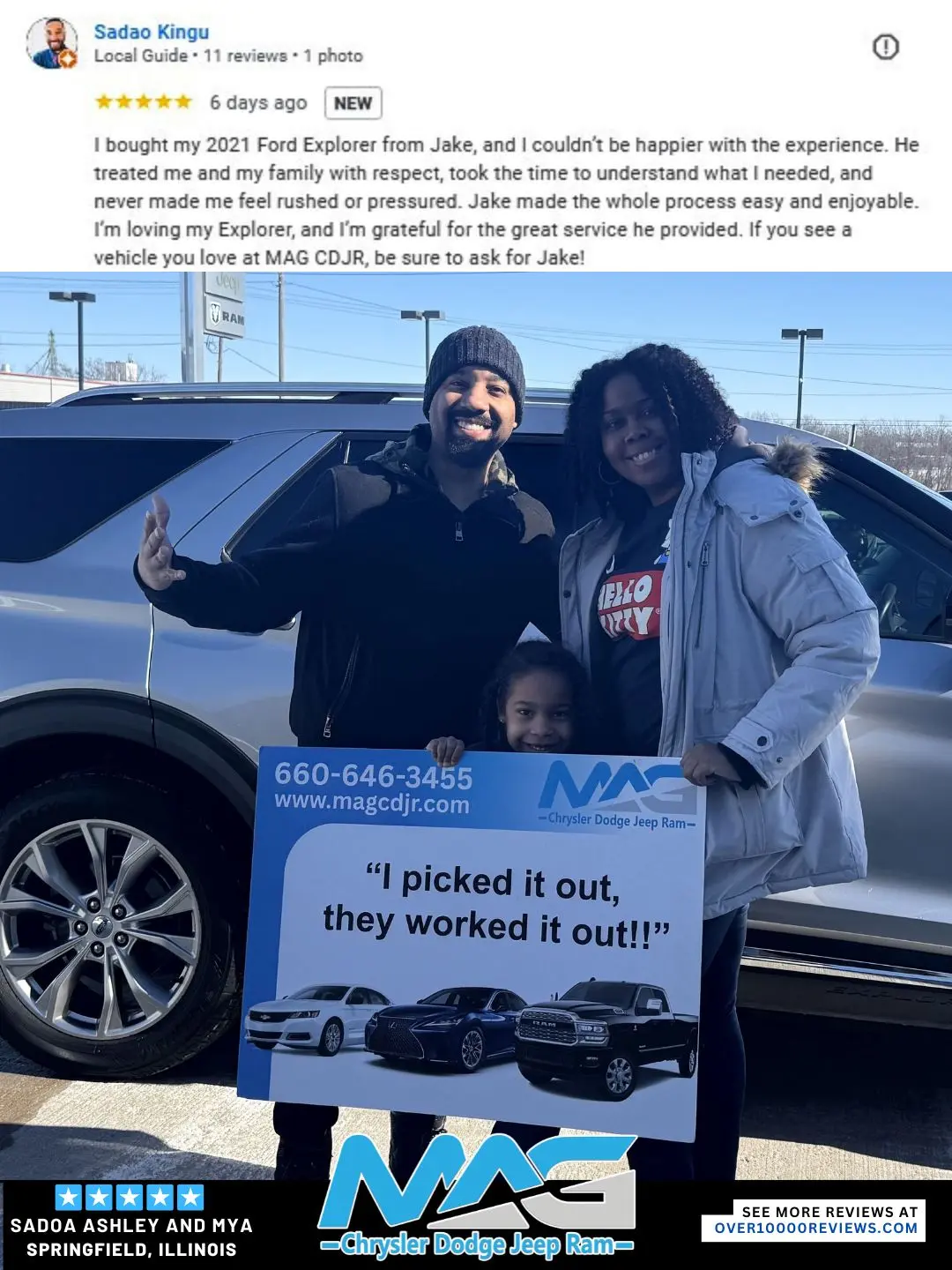 Smiling MAG CDJR customer featured in a testimonial about excellent car buying experience