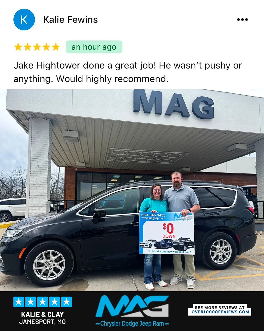 Smiling MAG CDJR customer featured in a testimonial about excellent car buying experience