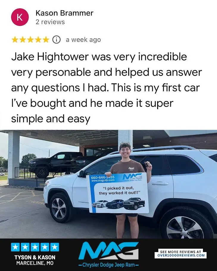 Smiling MAG CDJR customer featured in a testimonial about excellent car buying experience
