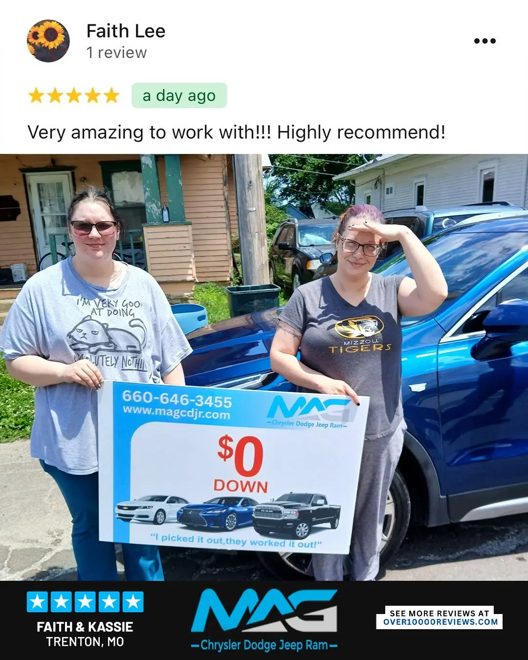 Smiling MAG CDJR customer featured in a testimonial about excellent car buying experience