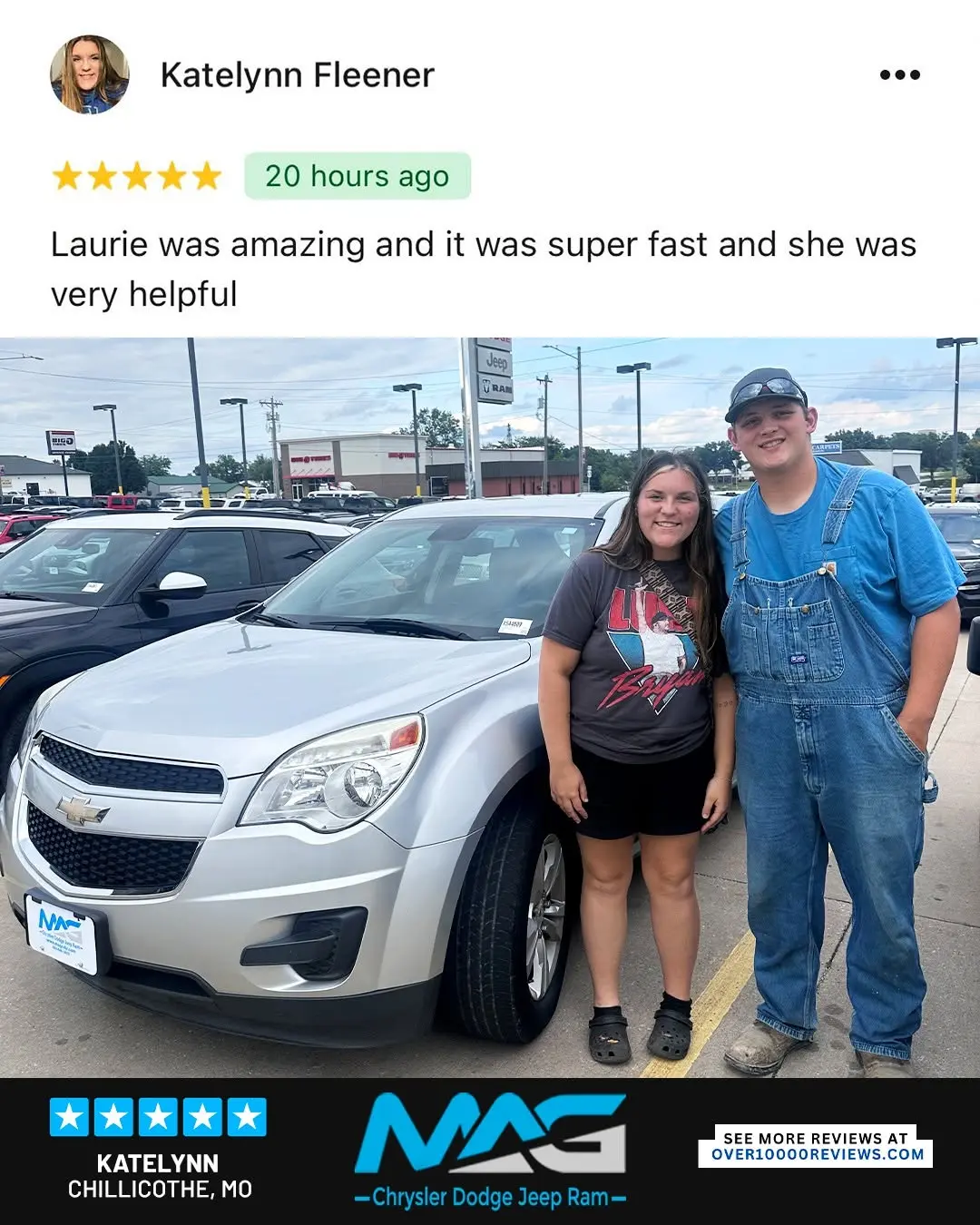 Smiling MAG CDJR customer featured in a testimonial about excellent car buying experience