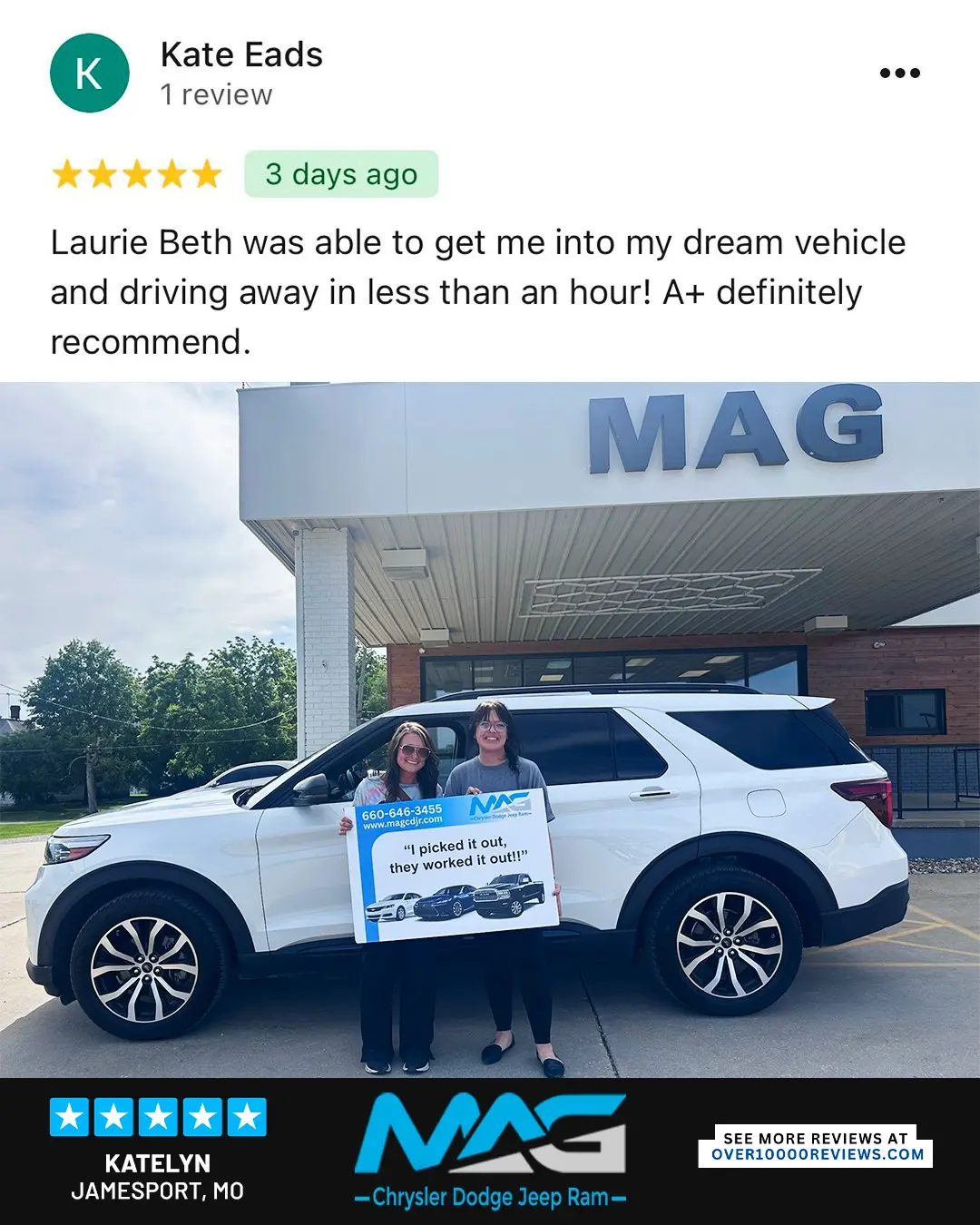 Smiling MAG CDJR customer featured in a testimonial about excellent car buying experience