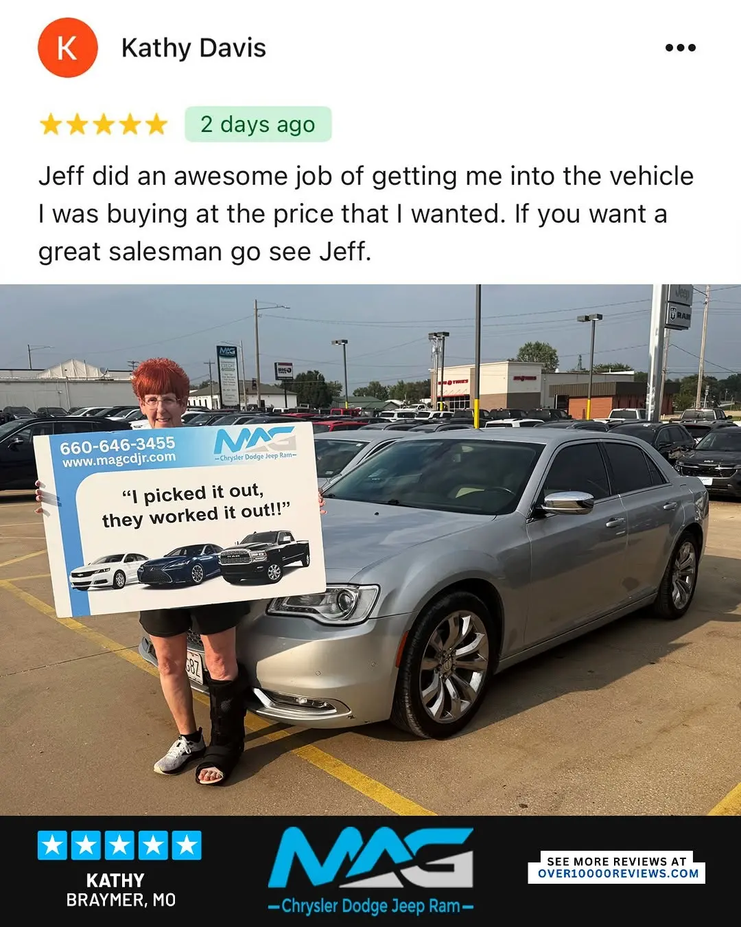 Smiling MAG CDJR customer featured in a testimonial about excellent car buying experience