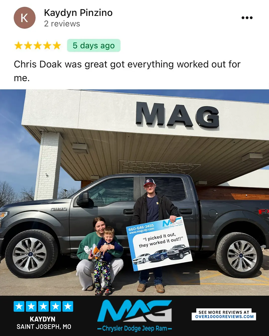 Smiling MAG CDJR customer featured in a testimonial about excellent car buying experience