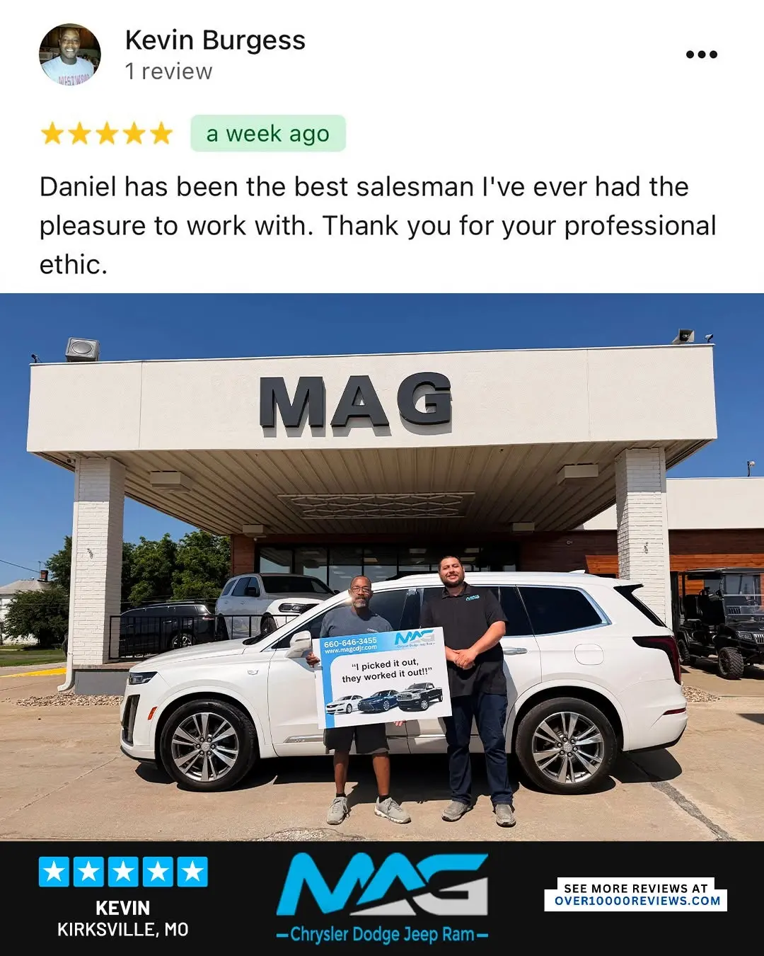 Smiling MAG CDJR customer featured in a testimonial about excellent car buying experience