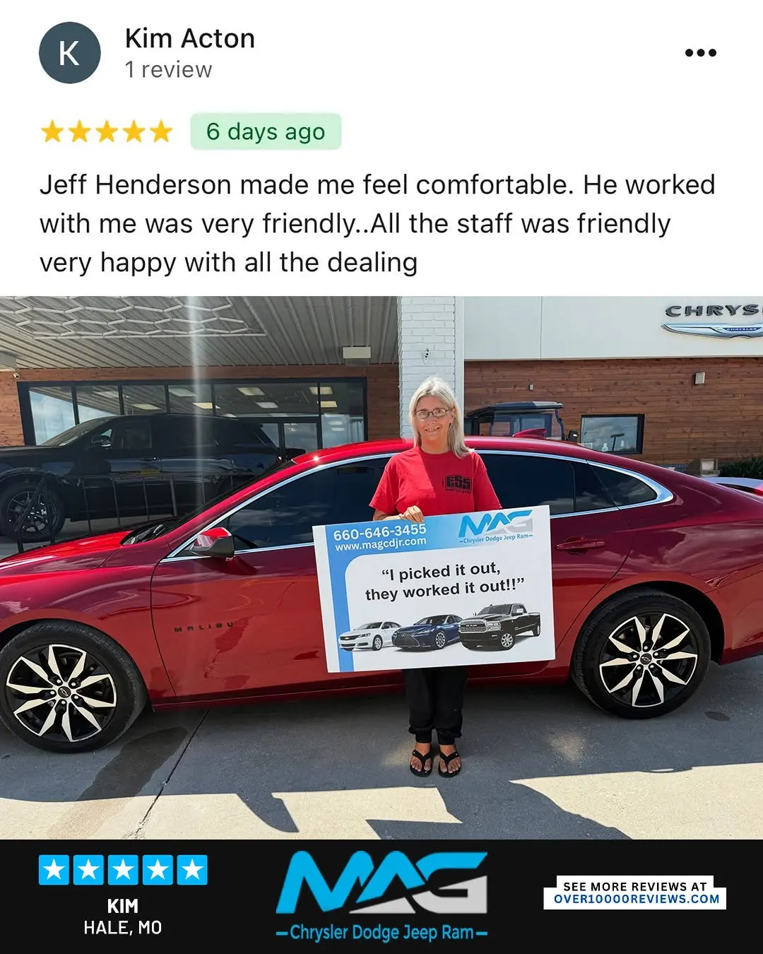 Smiling MAG CDJR customer featured in a testimonial about excellent car buying experience