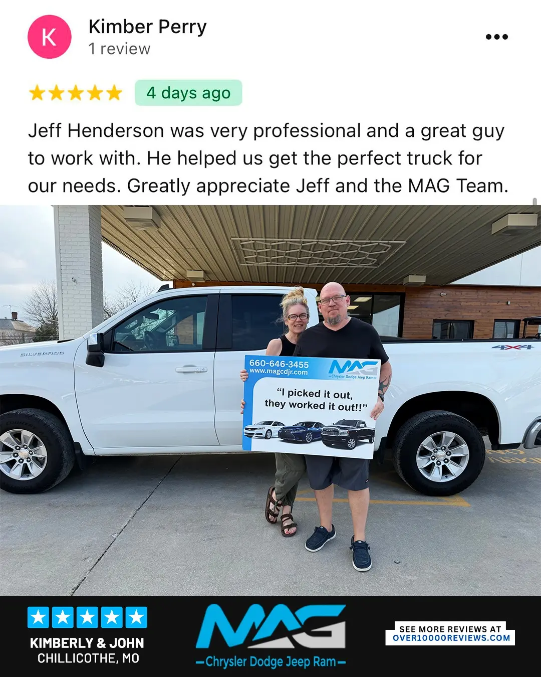Smiling MAG CDJR customer featured in a testimonial about excellent car buying experience