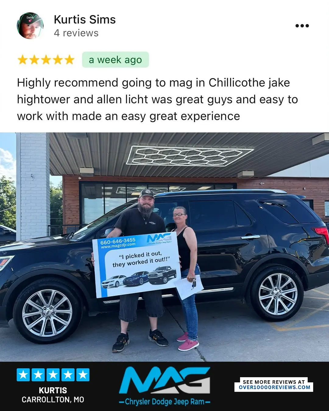 Smiling MAG CDJR customer featured in a testimonial about excellent car buying experience
