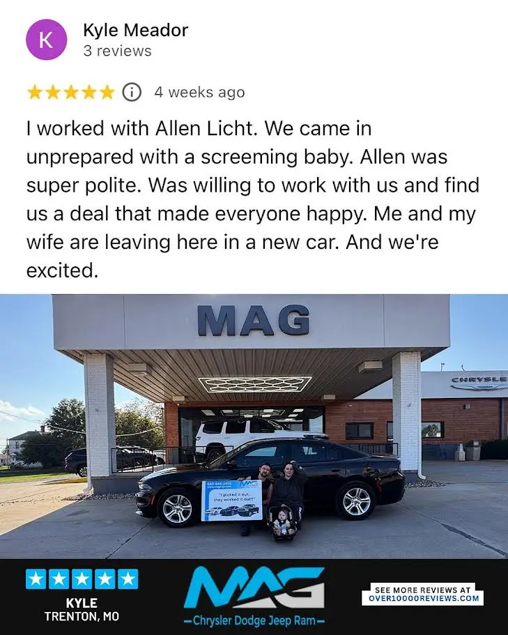 Smiling MAG CDJR customer featured in a testimonial about excellent car buying experience