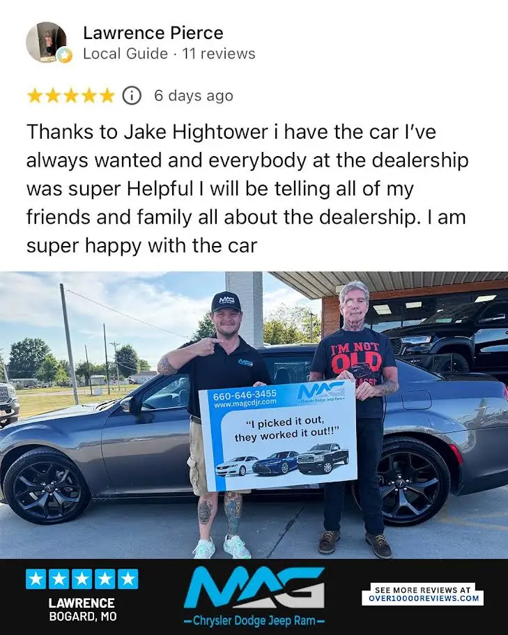 Smiling MAG CDJR customer featured in a testimonial about excellent car buying experience