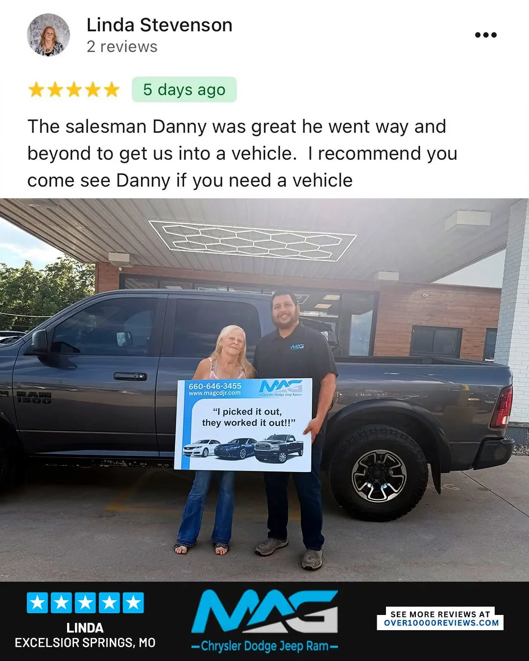 Smiling MAG CDJR customer featured in a testimonial about excellent car buying experience