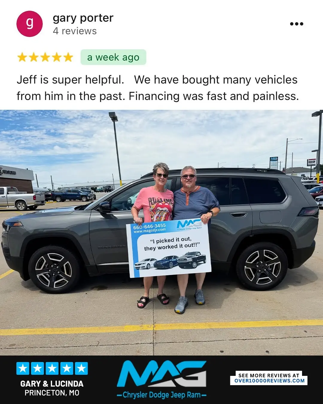 Smiling MAG CDJR customer featured in a testimonial about excellent car buying experience