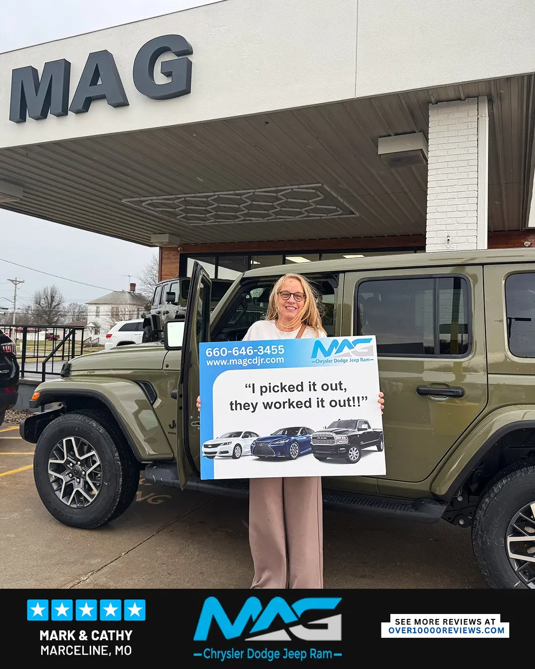 Smiling MAG CDJR customer featured in a testimonial about excellent car buying experience