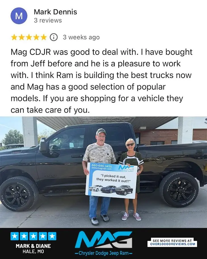 Smiling MAG CDJR customer featured in a testimonial about excellent car buying experience