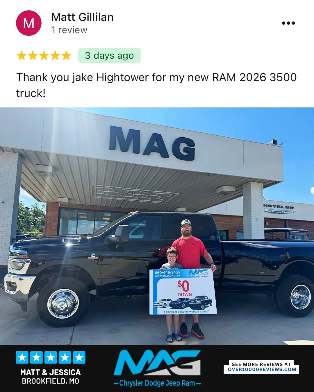 Smiling MAG CDJR customer featured in a testimonial about excellent car buying experience