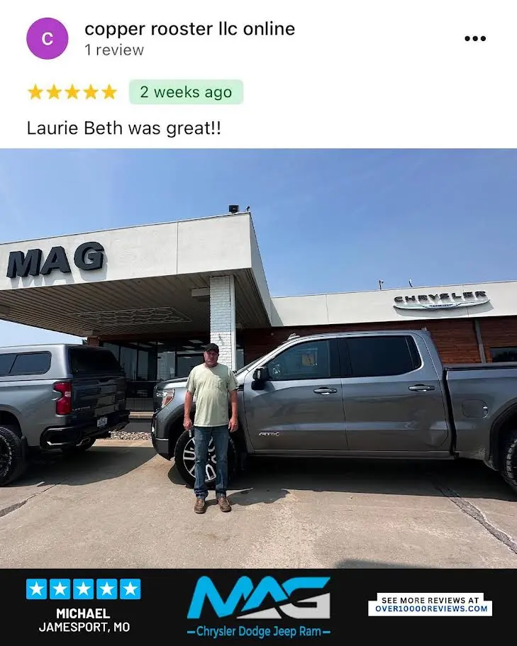 Smiling MAG CDJR customer featured in a testimonial about excellent car buying experience