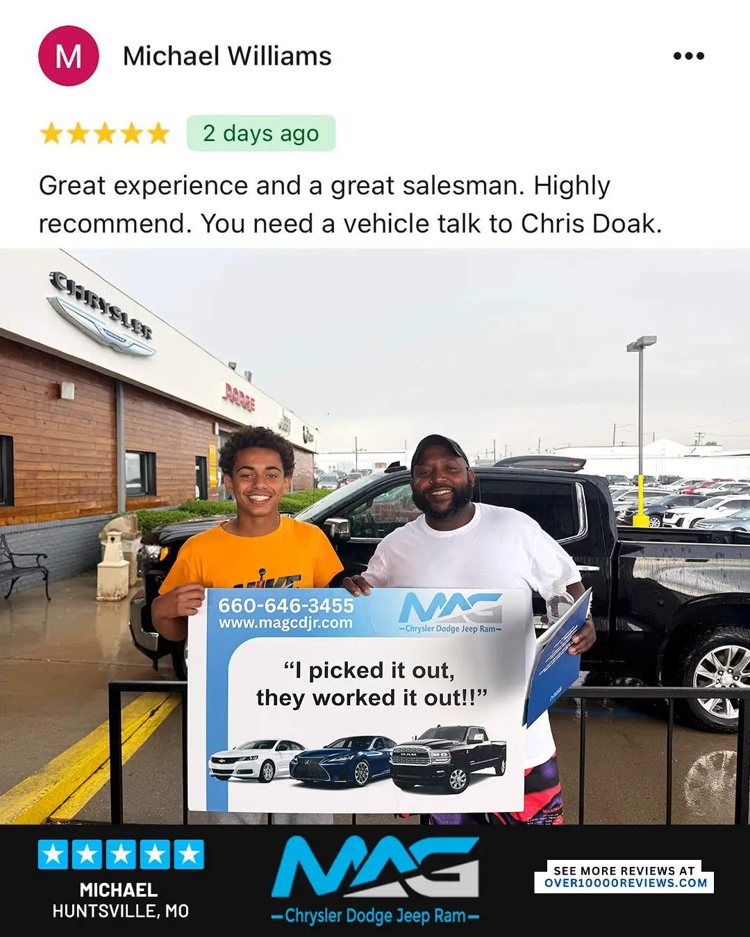 Smiling MAG CDJR customer featured in a testimonial about excellent car buying experience