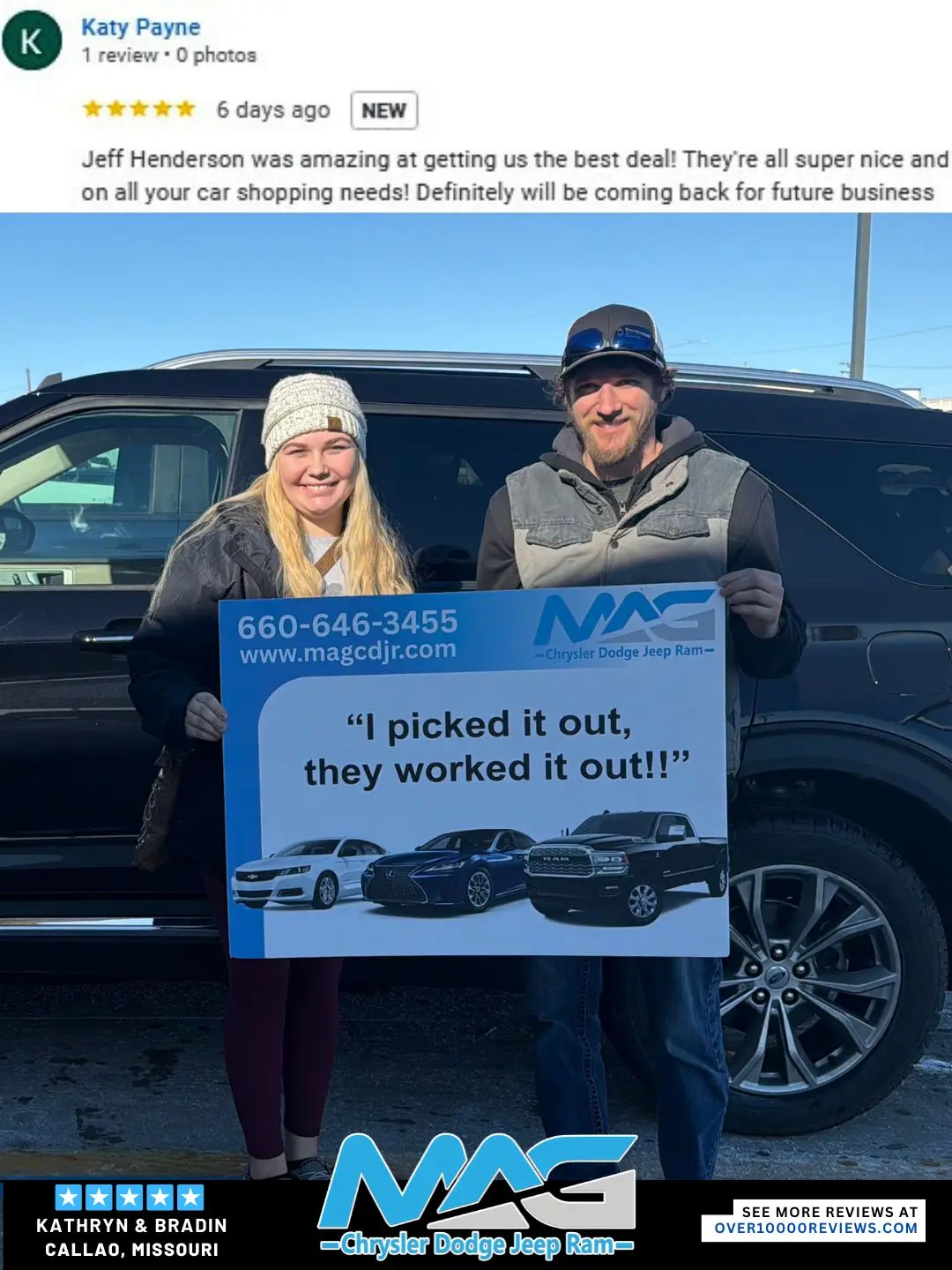 Smiling MAG CDJR customer featured in a testimonial about excellent car buying experience