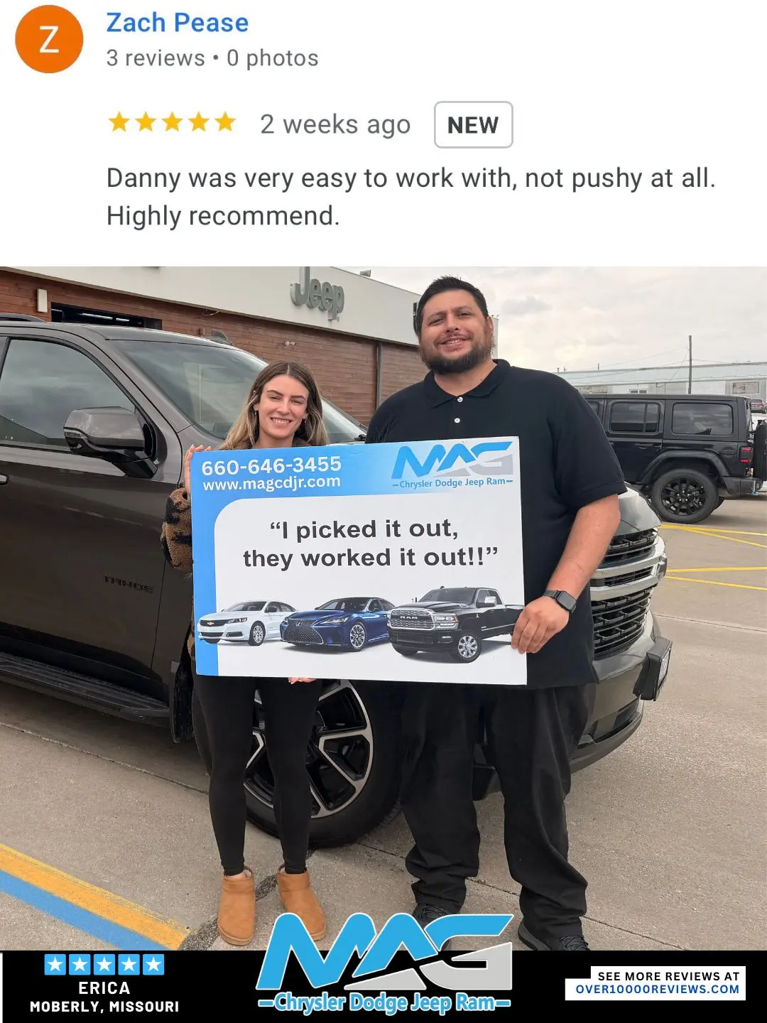 Smiling MAG CDJR customer featured in a testimonial about excellent car buying experience