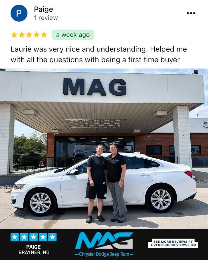 Smiling MAG CDJR customer featured in a testimonial about excellent car buying experience