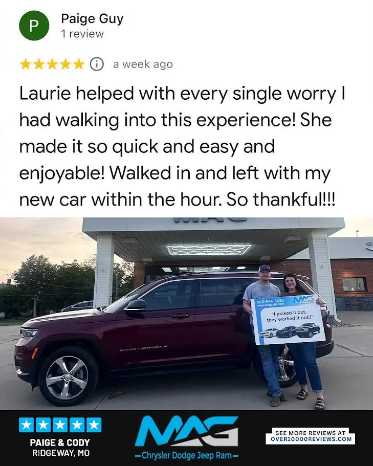 Smiling MAG CDJR customer featured in a testimonial about excellent car buying experience