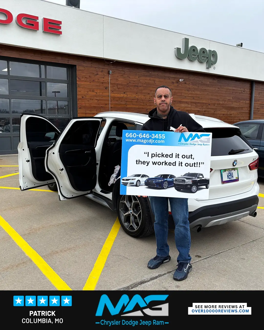 Smiling MAG CDJR customer featured in a testimonial about excellent car buying experience