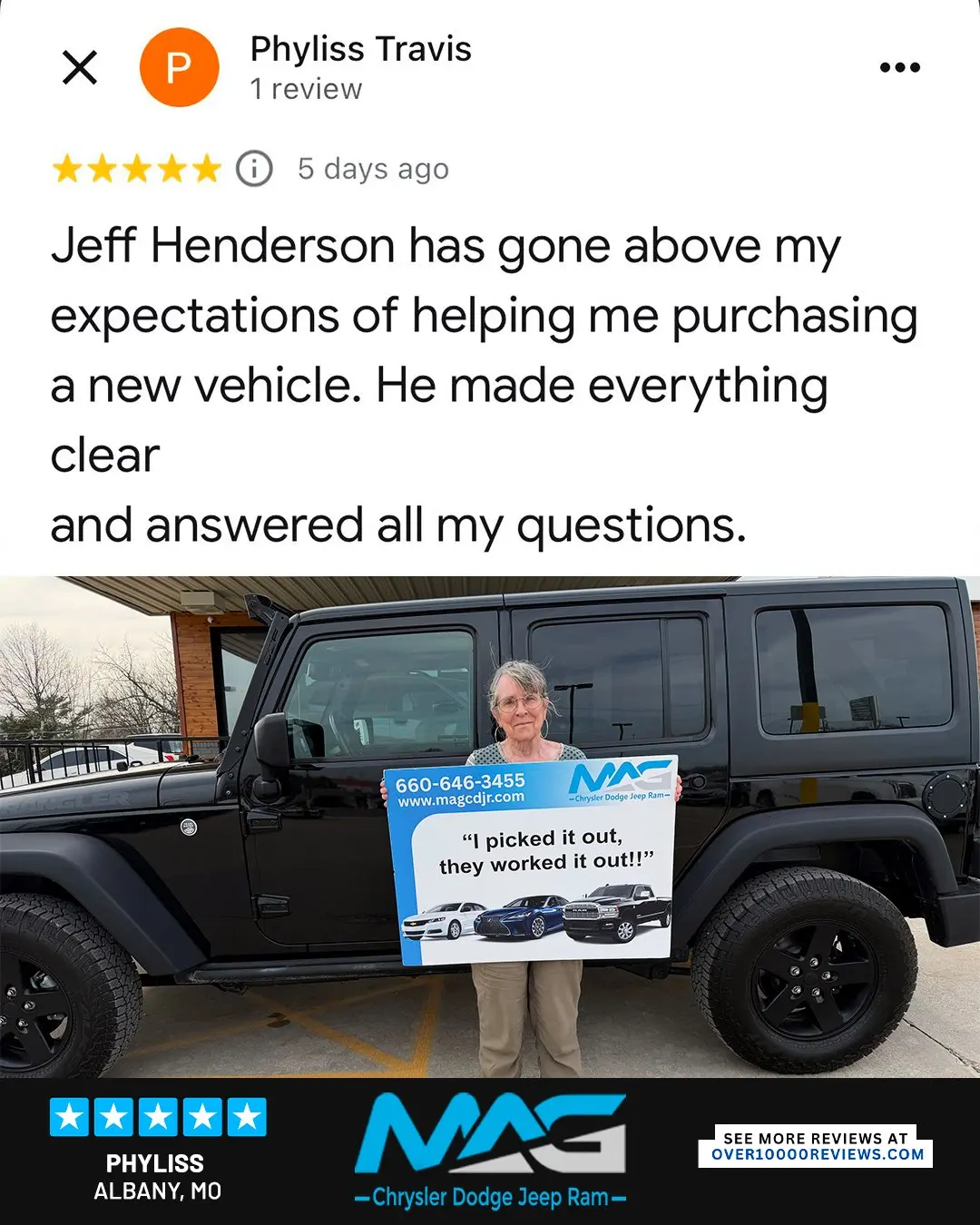 Smiling MAG CDJR customer featured in a testimonial about excellent car buying experience