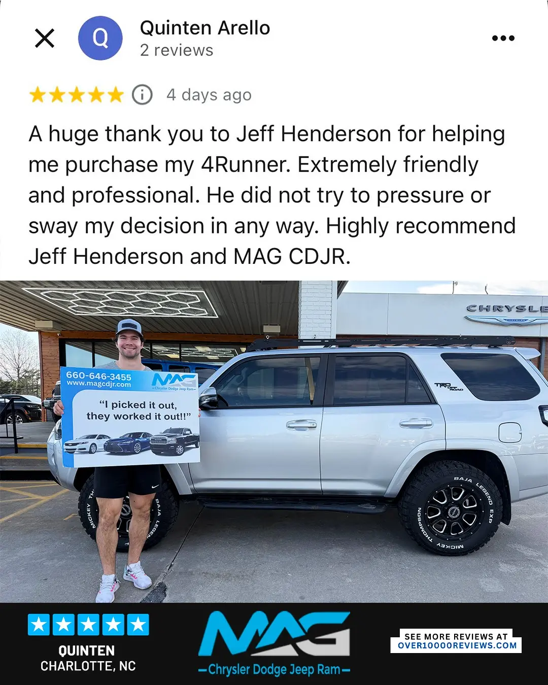 Smiling MAG CDJR customer featured in a testimonial about excellent car buying experience