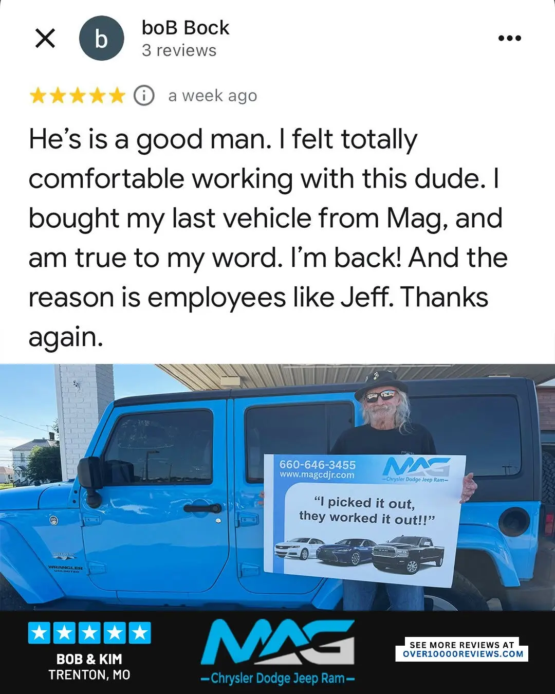 Smiling MAG CDJR customer featured in a testimonial about excellent car buying experience