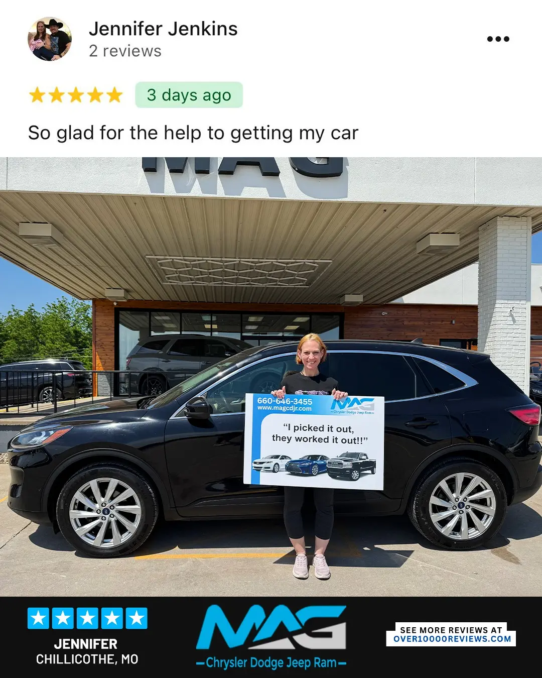 Smiling MAG CDJR customer featured in a testimonial about excellent car buying experience