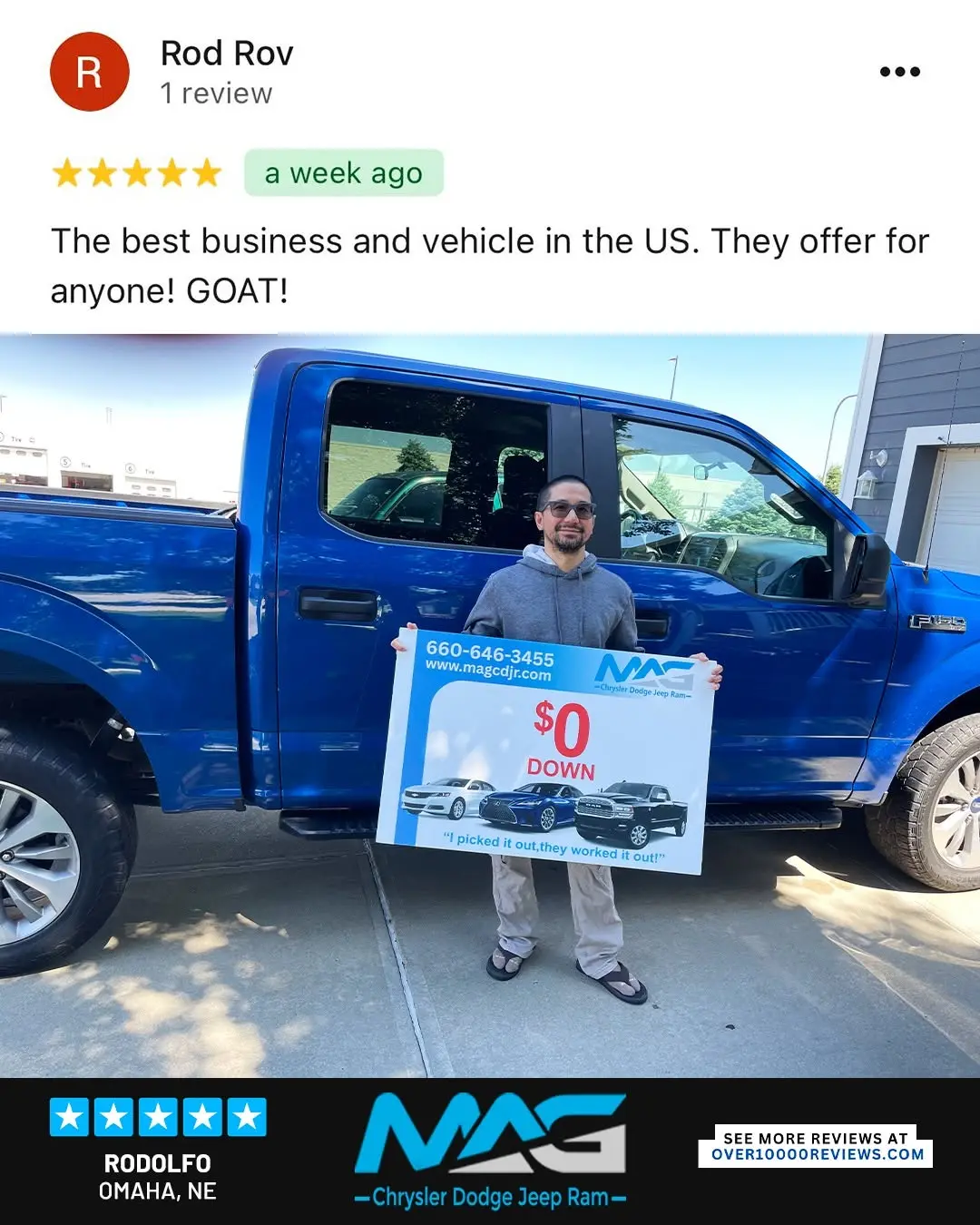 Smiling MAG CDJR customer featured in a testimonial about excellent car buying experience