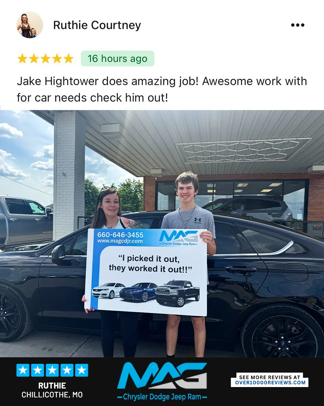 Smiling MAG CDJR customer featured in a testimonial about excellent car buying experience