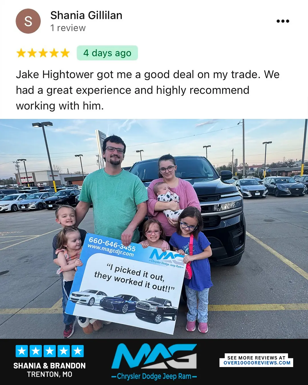 Smiling MAG CDJR customer featured in a testimonial about excellent car buying experience