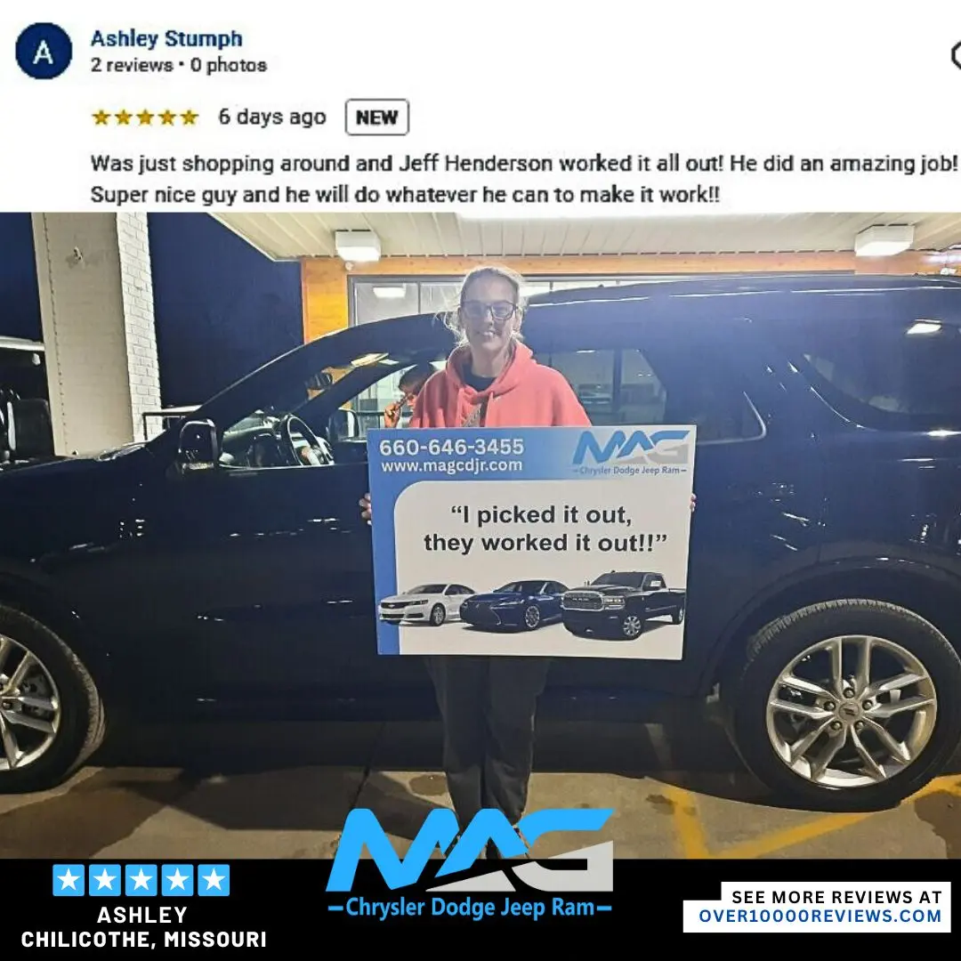 Smiling MAG CDJR customer featured in a testimonial about excellent car buying experience