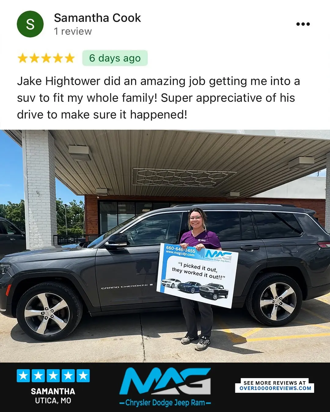 Smiling MAG CDJR customer featured in a testimonial about excellent car buying experience